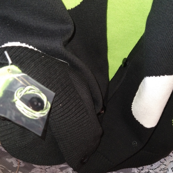 Quacker Factory black cardigan green and white polka dot sequins 100% cotton - Picture 8 of 8